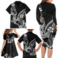 Black Aloha Hawaii Family Matching Long Sleeve Bodycon Dress and Hawaiian Shirt Polynesian Shark Tattoo With Plumeria - Polynesian Pride