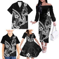 Black Aloha Hawaii Family Matching Off The Shoulder Long Sleeve Dress and Hawaiian Shirt Polynesian Shark Tattoo With Plumeria - Polynesian Pride
