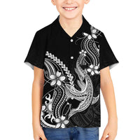 Black Aloha Hawaii Family Matching Off The Shoulder Long Sleeve Dress and Hawaiian Shirt Polynesian Shark Tattoo With Plumeria LT14 Son's Shirt Black - Polynesian Pride