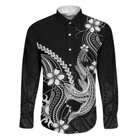 Black Aloha Hawaii Family Matching Off Shoulder Short Dress and Hawaiian Shirt Polynesian Shark Tattoo With Plumeria LT14 Dad's Shirt - Long Sleeve Black - Polynesian Pride