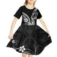 Black Aloha Hawaii Kid Short Sleeve Dress Polynesian Shark Tattoo With Plumeria - Polynesian Pride