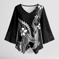 Black Aloha Hawaii Kimono Sleeve Blouse Polynesian Shark Tattoo With Plumeria - Polynesian Pride