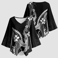 Black Aloha Hawaii Kimono Sleeve Blouse Polynesian Shark Tattoo With Plumeria - Polynesian Pride