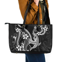 Black Aloha Hawaii Leather Tote Bag Polynesian Shark Tattoo With Plumeria - Polynesian Pride