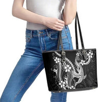 Black Aloha Hawaii Leather Tote Bag Polynesian Shark Tattoo With Plumeria - Polynesian Pride