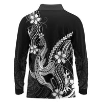 Black Aloha Hawaii Long Sleeve Polo Shirt Polynesian Shark Tattoo With Plumeria - Polynesian Pride