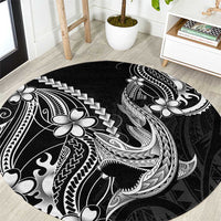 Black Aloha Hawaii Round Carpet Polynesian Shark Tattoo With Plumeria - Polynesian Pride
