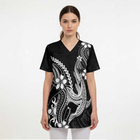 Black Aloha Hawaii Scrub Top Polynesian Shark Tattoo With Plumeria - Polynesian Pride