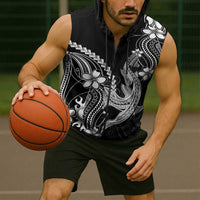 Black Aloha Hawaii Sleeveless Zip Hoodie Polynesian Shark Tattoo With Plumeria - Polynesian Pride