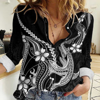 Black Aloha Hawaii Women Casual Shirt Polynesian Shark Tattoo With Plumeria - Polynesian Pride
