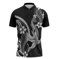 Black Aloha Hawaii Zipper Polo Shirt Polynesian Shark Tattoo With Plumeria - Polynesian Pride