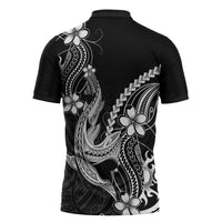 Black Aloha Hawaii Zipper Polo Shirt Polynesian Shark Tattoo With Plumeria - Polynesian Pride