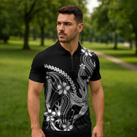 Black Aloha Hawaii Zipper Polo Shirt Polynesian Shark Tattoo With Plumeria - Polynesian Pride