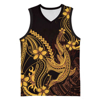 Gold Black Aloha Hawaii Basketball Jersey Polynesian Shark Tattoo With Plumeria - Polynesian Pride