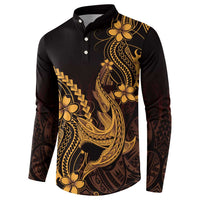 Gold Black Aloha Hawaii Button Sweatshirt Polynesian Shark Tattoo With Plumeria - Polynesian Pride
