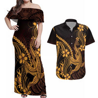 Gold Black Aloha Hawaii Couples Matching Off Shoulder Maxi Dress and Hawaiian Shirt Polynesian Shark Tattoo With Plumeria - Polynesian Pride