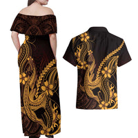 Gold Black Aloha Hawaii Couples Matching Off Shoulder Maxi Dress and Hawaiian Shirt Polynesian Shark Tattoo With Plumeria - Polynesian Pride