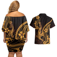 Gold Black Aloha Hawaii Couples Matching Off Shoulder Short Dress and Hawaiian Shirt Polynesian Shark Tattoo With Plumeria - Polynesian Pride