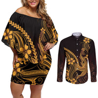 Gold Black Aloha Hawaii Couples Matching Off Shoulder Short Dress and Long Sleeve Button Shirt Polynesian Shark Tattoo With Plumeria - Polynesian Pride