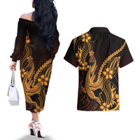 Gold Black Aloha Hawaii Couples Matching Off The Shoulder Long Sleeve Dress and Hawaiian Shirt Polynesian Shark Tattoo With Plumeria - Polynesian Pride