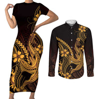 Gold Black Aloha Hawaii Couples Matching Short Sleeve Bodycon Dress and Long Sleeve Button Shirt Polynesian Shark Tattoo With Plumeria - Polynesian Pride