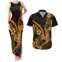 Gold Black Aloha Hawaii Couples Matching Tank Maxi Dress and Hawaiian Shirt Polynesian Shark Tattoo With Plumeria - Polynesian Pride