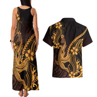 Gold Black Aloha Hawaii Couples Matching Tank Maxi Dress and Hawaiian Shirt Polynesian Shark Tattoo With Plumeria - Polynesian Pride