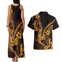 Gold Black Aloha Hawaii Couples Matching Tank Maxi Dress and Hawaiian Shirt Polynesian Shark Tattoo With Plumeria - Polynesian Pride