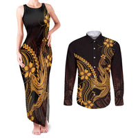 Gold Black Aloha Hawaii Couples Matching Tank Maxi Dress and Long Sleeve Button Shirt Polynesian Shark Tattoo With Plumeria - Polynesian Pride