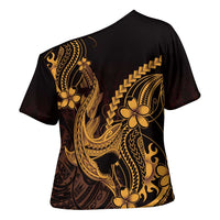 Gold Black Aloha Hawaii Cross Shoulder Shirt Polynesian Shark Tattoo With Plumeria - Polynesian Pride
