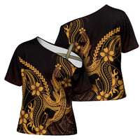 Gold Black Aloha Hawaii Cross Shoulder Shirt Polynesian Shark Tattoo With Plumeria - Polynesian Pride