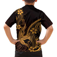 Gold Black Aloha Hawaii Family Matching Long Sleeve Bodycon Dress and Hawaiian Shirt Polynesian Shark Tattoo With Plumeria LT14 - Polynesian Pride