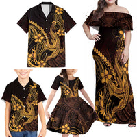 Gold Black Aloha Hawaii Family Matching Off Shoulder Maxi Dress and Hawaiian Shirt Polynesian Shark Tattoo With Plumeria LT14 - Polynesian Pride