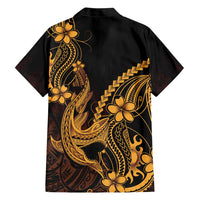 Gold Black Aloha Hawaii Family Matching Off Shoulder Maxi Dress and Hawaiian Shirt Polynesian Shark Tattoo With Plumeria LT14 - Polynesian Pride