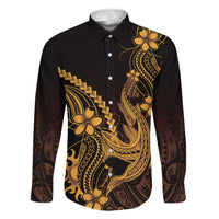 Gold Black Aloha Hawaii Family Matching Off Shoulder Maxi Dress and Hawaiian Shirt Polynesian Shark Tattoo With Plumeria LT14 Dad's Shirt - Long Sleeve Gold - Polynesian Pride