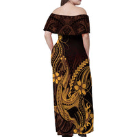 Gold Black Aloha Hawaii Family Matching Off Shoulder Maxi Dress and Hawaiian Shirt Polynesian Shark Tattoo With Plumeria - Polynesian Pride