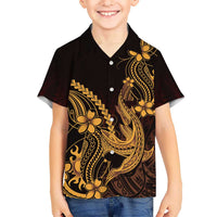 Gold Black Aloha Hawaii Family Matching Off Shoulder Maxi Dress and Hawaiian Shirt Polynesian Shark Tattoo With Plumeria LT14 Son's Shirt Gold - Polynesian Pride
