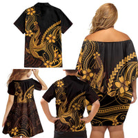 Gold Black Aloha Hawaii Family Matching Off Shoulder Short Dress and Hawaiian Shirt Polynesian Shark Tattoo With Plumeria LT14 - Polynesian Pride