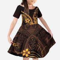 Gold Black Aloha Hawaii Family Matching Short Sleeve Bodycon Dress and Hawaiian Shirt Polynesian Shark Tattoo With Plumeria LT14 Daughter's Dress Gold - Polynesian Pride