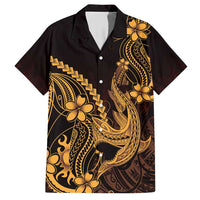 Gold Black Aloha Hawaii Family Matching Short Sleeve Bodycon Dress and Hawaiian Shirt Polynesian Shark Tattoo With Plumeria - Polynesian Pride