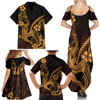 Gold Black Aloha Hawaii Family Matching Summer Maxi Dress and Hawaiian Shirt Polynesian Shark Tattoo With Plumeria - Polynesian Pride