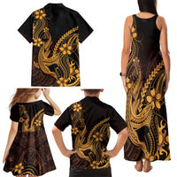 Gold Black Aloha Hawaii Family Matching Tank Maxi Dress and Hawaiian Shirt Polynesian Shark Tattoo With Plumeria - Polynesian Pride