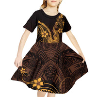 Gold Black Aloha Hawaii Kid Short Sleeve Dress Polynesian Shark Tattoo With Plumeria - Polynesian Pride