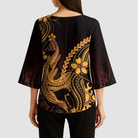 Gold Black Aloha Hawaii Kimono Sleeve Blouse Polynesian Shark Tattoo With Plumeria - Polynesian Pride