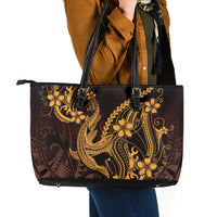Gold Black Aloha Hawaii Leather Tote Bag Polynesian Shark Tattoo With Plumeria - Polynesian Pride