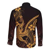 Gold Black Aloha Hawaii Long Sleeve Button Shirt Polynesian Shark Tattoo With Plumeria - Polynesian Pride
