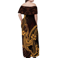 Gold Black Aloha Hawaii Off Shoulder Maxi Dress Polynesian Shark Tattoo With Plumeria - Polynesian Pride