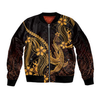 Gold Black Aloha Hawaii Sleeve Zip Bomber Jacket Polynesian Shark Tattoo With Plumeria - Polynesian Pride