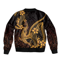 Gold Black Aloha Hawaii Sleeve Zip Bomber Jacket Polynesian Shark Tattoo With Plumeria - Polynesian Pride