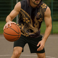 Gold Black Aloha Hawaii Sleeveless Hoodie Polynesian Shark Tattoo With Plumeria - Polynesian Pride